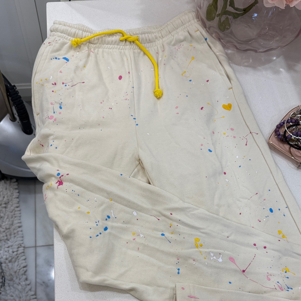 Kerri Rosenthal Cream Paint-Splatter Joggers with Yellow Drawcord